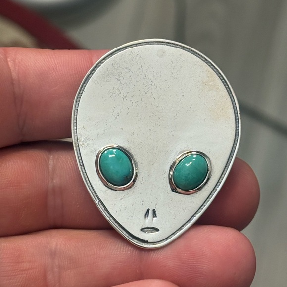 STERLING SILVER NATIVE AMERICAN SW TURQUOISE ALIEN HEAD ROSWELL 2” RING .925 - Picture 9 of 11